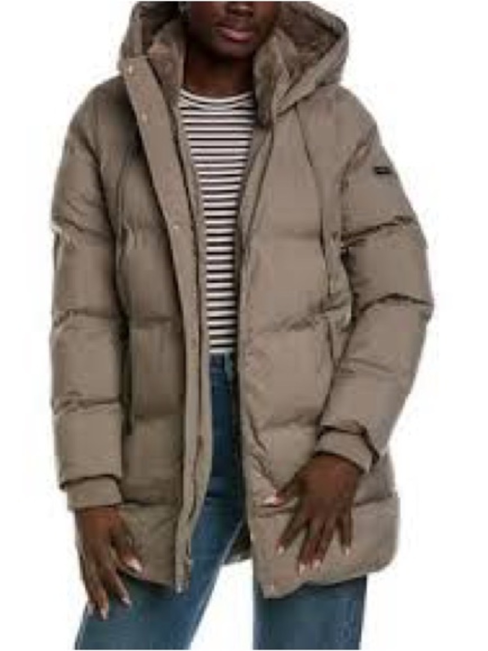 LAUNDRY by Shelli Segal Taupe Hooded Long Puffer Parka Coat